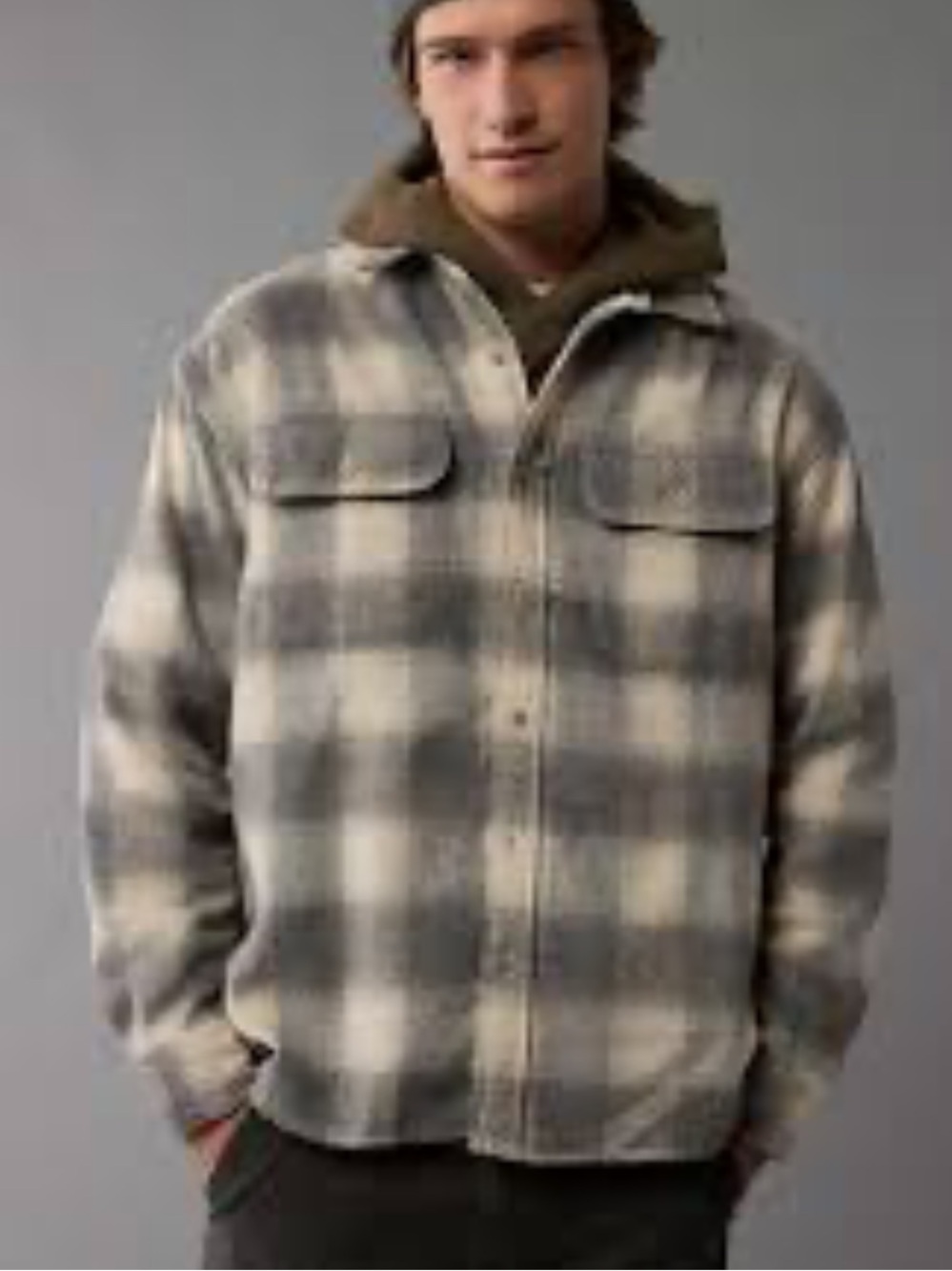 AMERICAN EAGLE PLAID BUTTON UP SHACKET GRAY AND CREAM MENS SZ XL